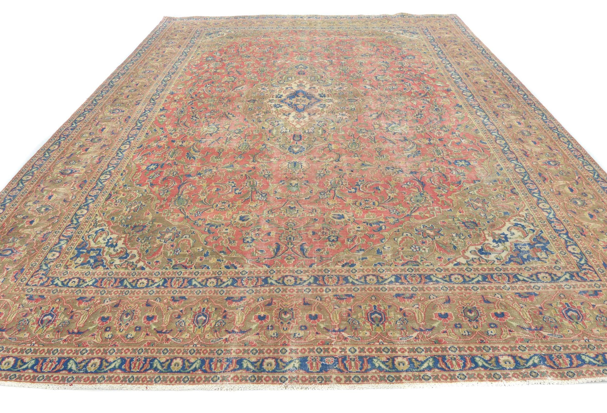 9x12 Muted Red Vintage Hand-Knotted Rug, 9'6 x 12'7 Turkish Wool Rug, Semi-Antique Distressed Floral Living Room Rug