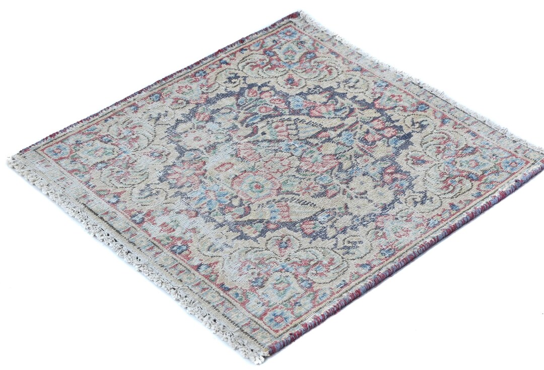 Mini Vintage Wool Rug | Small Hand-knotted Floral Mat | Semi-antique ...