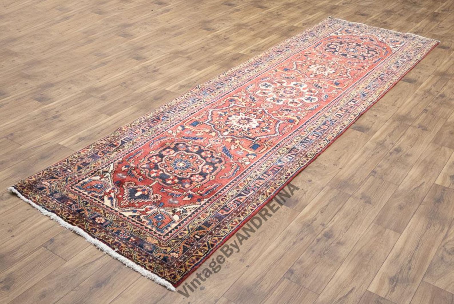 Vintage hand-knotted wool runner rug for a cowgirl coastal kitchen