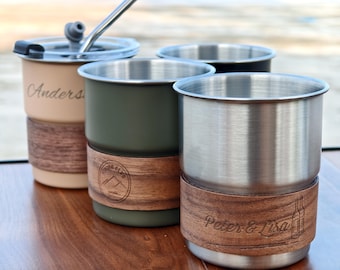 Caneca de cerveja personalizada em aço inoxidável 304 para camping - Caneca portátil e empilhável com capa de nogueira, presente corporativo, presente para chá de panela, camping.