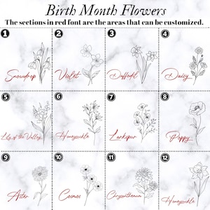 May include: An image showcasing birth month flowers, each in a separate box. The image includes the names of the flowers: Snowdrop, Violet, Daffodil, Daisy, Lily of the Valley, Honeysuckle, Larkspur, Poppy, Aster, Cosmos, Chrysanthemum, and Honeysuckle.