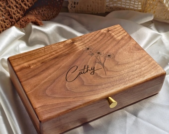 Personalisierte Geburt Blume Holz Schmuckschatulle für Frauen, Schmuck Organizer Lagerung, Benutzerdefinierte Hochzeitsgeschenk, Brautjungfer Geschenk, Jubiläum Andenken