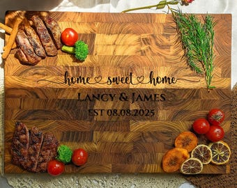 Tabla de cortar personalizada con veta final, bloque de carnicero con veta final, tabla de cortar grande, tabla de cortar personalizada, madera de teca con veta final, regalo de inauguración de la casa