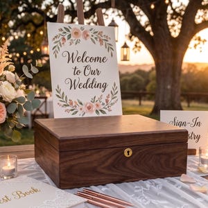 Op de afbeelding: Een rechthoekige donkerhouten doos met een goudkleurig sleutelgat aan de voorzijde, geplaatst onder een wit bord met de tekst Welcome to Our Wedding, omringd door een bloemstuk, een gastenboek en kleine kaarsjes op een kanten tafelkleed.
