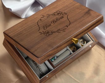 Personalized Two Layer Walnut Wooden Jewelry Box, Custom Engraved Jewelry Box, Bridesmaid Christmas Anniversary Keepsake Jewelry Organizer