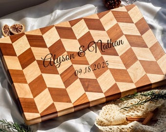 Checkerboard Reversible End Grain Rubberwood Cutting Board - Personalized Butcher Block - Kitchen Gift for Wedding, Housewarming, Christmas