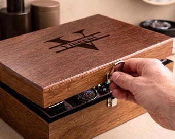 Engraved Wooden Watch Box for Men, Walnut Watch Organizer 3 4 6 8 10 Slot Wood Lid Watch Storage Case Gift for Husband Dad