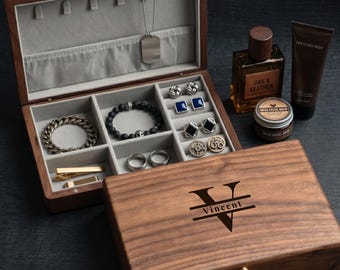 Men’s Valet Organizer Case | Personalized Walnut Jewelry Box for Cufflinks, Rings, & EDC, Groomsmen Gift, Anniversary Gift for Him