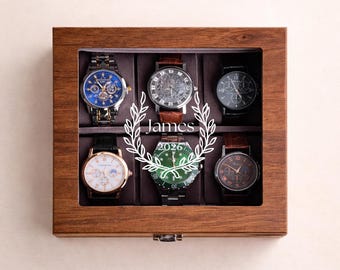 Personalized Walnut Watch Box with Glass or Wood Lid, Custom Watch Organizer 3 4 6 8 10 Slot Wooden Watch Storage Case Gift for Men Father
