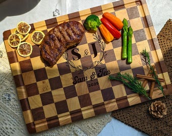 Personalized Endgrain Board Cutting Board-Acacia & Rubberwood Chopping 17"x12"with Juice Groove,Inner Handles,Non-Slip Feet, Kitchen Gift
