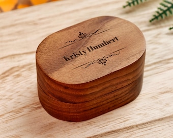 Personalized Engraved Wooden Walnut Ring Box, Wide Slot Fits 8mm, Ellipse Proposal Box,Wedding Gift w/Brown Velvet,Engagement Holder for him