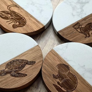 Custom Coasters Set of 4/6/8, Personalized Gifts for Her, Wedding Gift, Coaster Marble Wood, Engagement,Housewarming Gift,Bridal Shower Gift