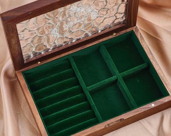 Personalized Wooden Jewelry Box, Retro Wood Glass Green Velvet Jewelry Box,Jewelry Organizer Storage,Wedding Bridesmaid Anniversary Keepsake