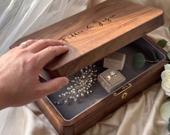 Personalized Bridal Details Box with Lock | Luxury Walnut Heirloom Case, Flat Lay Styling Box, Custom Wedding Keepsake, Bride Gift