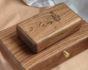 Personalized Birth Flower Wooden Jewelry Box for Women, Custom Travel Case Organizer, Bridesmaid Birthday Christmas Anniversary Keepsake