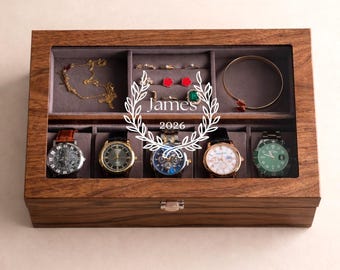 Personalized Walnut Watch & Jewelry Box with Glass Lid, Engraved Wooden Watch Organizer for 5 Watches, Jewelry Storage Gift for Men Women
