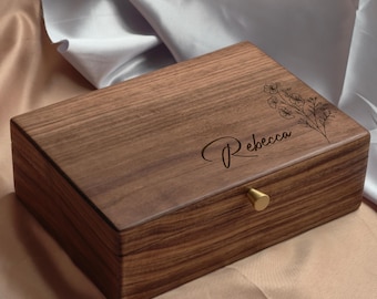 Birth Flower Two Layer Wooden Jewelry Box Personalized,Bridesmaid Christmas Anniversary Birthday Keepsake, Custom Walnut Jewelry Organizer