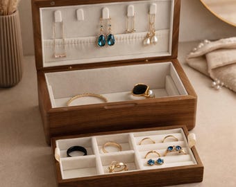 Personalized Walnut Double Layer Jewelry Box for Grandma, Engraved Wooden Jewelry Organizer,Small Jewelry Case Gift from Granddaughter