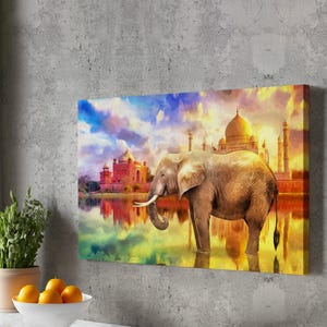 Elephant And Taj Mahal Landscape Oil Painting Look Decorative Canvas Wall Art, Large Wall Art, Housewarming Gifts, Animal Canvas Wall Decor