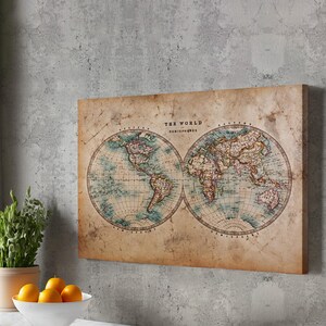 Vintage Retro World Map Painting, Classic Canvas Art,  Modern Canvas Wall Decor,  Framed Canvas Wall Art,  Canvas Room Decor