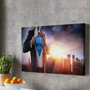 Businessman Superhero Decorative Canvas Wall Art, Framed Canvas Wall Art, Surreal Canvas Print, Surreal Modern Wall Decor, Large Wall Art