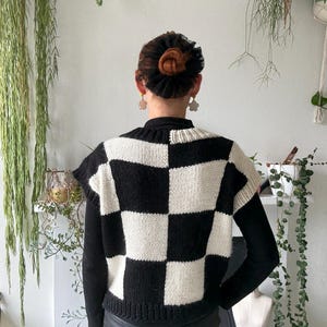 May include: A black and white checkerboard knit vest. The sleeveless sweater has a high neckline and a classic checkerboard pattern. The vest is worn over a black long-sleeved shirt and paired with black leather trousers. The model is facing away from the camera.