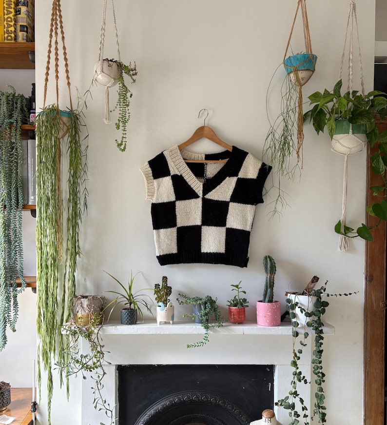 May include: A black and cream-coloured checkerboard pattern knit vest hangs on a wooden hanger. The vest has a V-neck and is sleeveless. The background includes a white wall, a fireplace mantel with potted plants, and hanging plants.