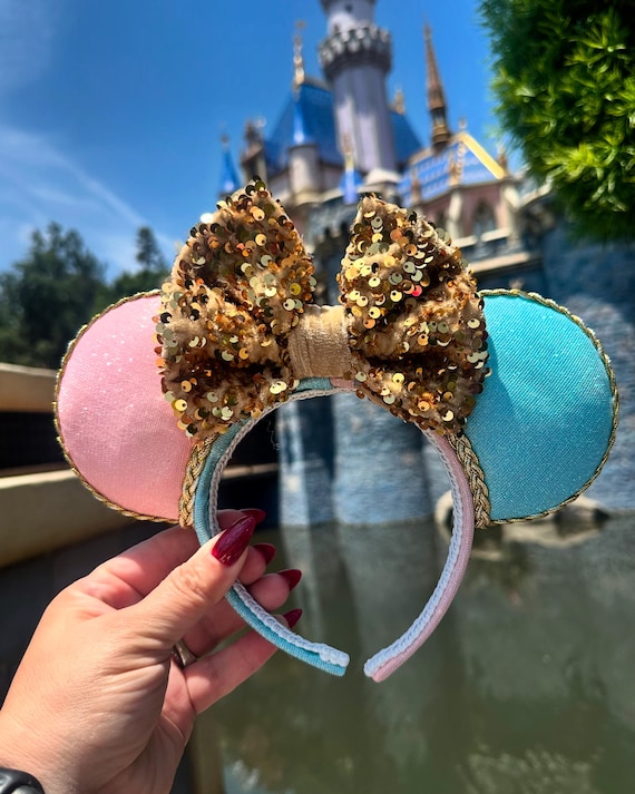 Handmade Blue Princess Pink Bow Sequin Mouse Ears Make It BLUE Make It PINK Mouse Ears Headband, Iridescent  main image 3