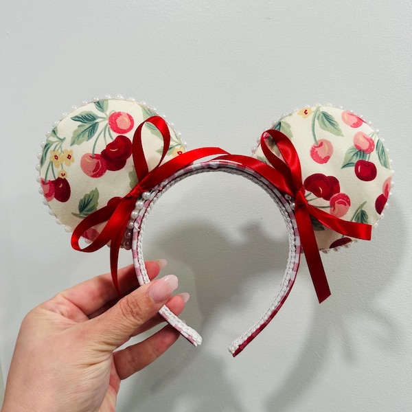 Handmade Cherry Print Mouse Ears, Red Gingham Bows