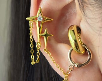 Twin Star Earplug Earring / Earbud Holder: Non-Piercing Ear Cuff, 18K Gold Plated, Silver Chain