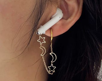 Moon & Star Loop Earplug Earrings | Dual-Piercing Earbud Holders | Hypoallergenic Titanium | Ultra Lightweight | Gift Ready
