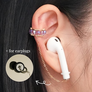 Vergoldete Ohrstöpsel mit Amethyst-Perlen - Keine Piercing-Ohrmanschette, kompatibel mit AirPods & kabellosen Ohrhörern, Loop-Ohrstecker