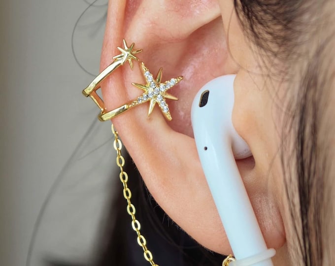 North Star Earplug Earring / Earbud Holder: Non-Piercing Ear Cuff, Gold Plated Bronze, Silver Chain