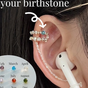 Pendiente/soporte para oreja chapado en oro personalizado: Ear Cuff sin perforación, cadena de plata de ley, piedra de nacimiento