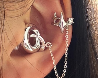 Star Earplug Earring / Earbud Holder: Non-Piercing Ear Cuff, Copper + Silver Plated, Sterling Silver Chain