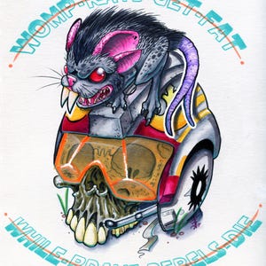 May include: Illustration of a rat with pink ears and red eyes perched atop a skull wearing goggles. The skull is part of a vehicle. The text "WOMP RATS GET FAT" and "WHILE BRAVE REBELS DIE" are in a teal font, arching around the image.