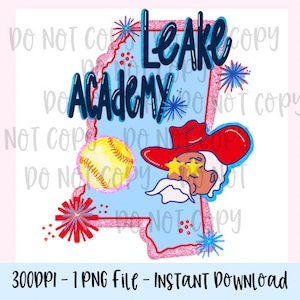 Puede incluir: Gráfico digital con las palabras "Leake Academy" en azul, sobre un contorno azul claro de Mississippi. Incluye una pelota de béisbol, un vaquero con gafas en forma de estrella y detalles en rojo y azul. El texto "300DPI - 1 PNG File - INSTANT DOWNLOAD" está en la parte inferior.
