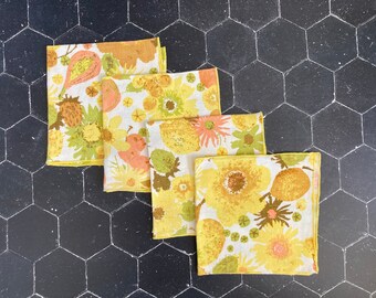 Set of 4 mid century floral and fruit matching linen napkins  yellow peach chartreuse