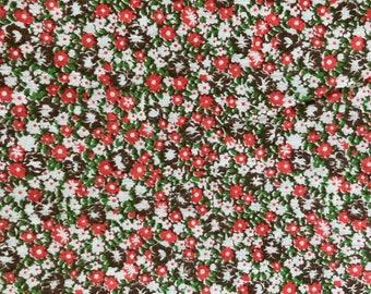 Vintage cotton ditsy floral fabric brown red green and white 1 yard