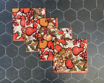 Set of 4 mid century floral and fruit matching linen napkins  red green mustard orange fall harvest