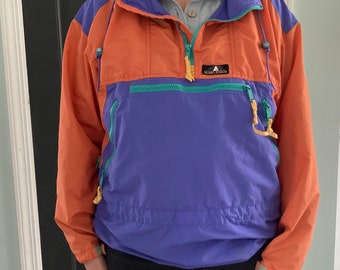 90's Sierra Designs half zip wind breaker with hood Women's S/M coral purple teal Hiking