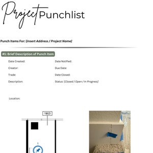 Puede incluir: Un formulario de lista de comprobación con un dibujo de un plano de planta y una foto de una pared con una grieta. El dibujo muestra una ubicación en el plano de planta marcada con un alfiler. La foto muestra una grieta en la pared que ha sido marcada con cinta adhesiva azul. El texto en el formulario dice "Insertar la ubicación del punto de comprobación en el plano de planta - Ejemplo proporcionado" y "Insertar la foto del punto de comprobación que necesita acción correctiva - Ejemplo proporcionado".