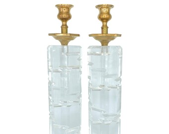 Vintage Thick Lucite and Brass Candle Holders by Josh Lazar Mid Century Modern