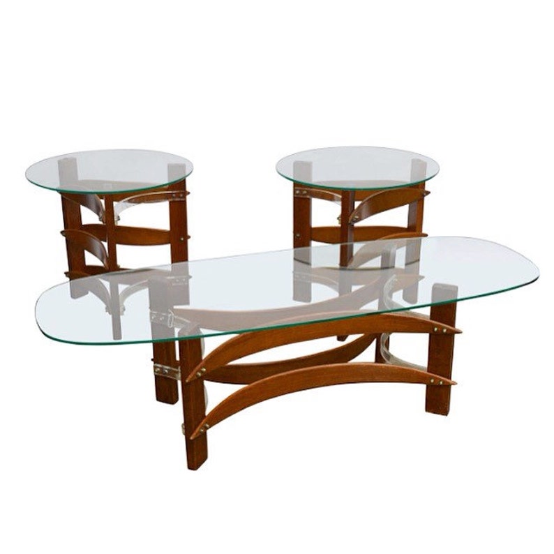 Mid Century Modern Curved Wood Lucite Coffee And Side Table Mid Century Modern Curved Wood Lucite, Mid Century Coffee And End Table Set