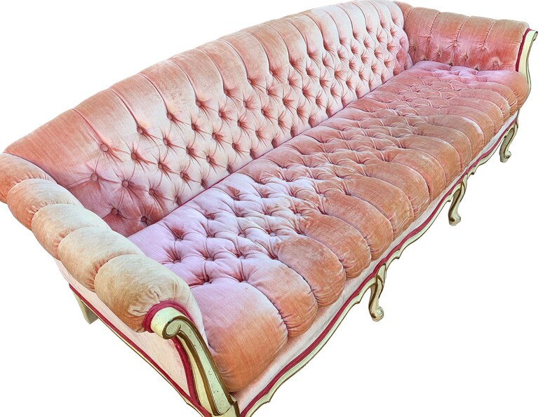 Vintage Pink Velvet Button Tufted Sofa French Provincial image 2