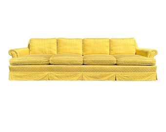 Regency Bright Yellow Fretwork Silk Upholstery Sofa Hollywood Regency Faux Bamboo