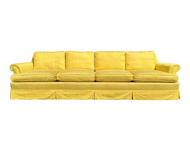Regency Bright Yellow Fretwork Silk Upholstery Sofa Hollywood Regency Faux Bamboo image 1