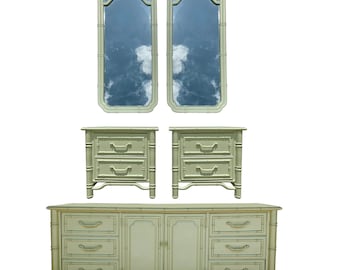 Vintage Faux Bamboo Regency Bedroom Set Dresser Nightstands and Mirrors Palm Beach