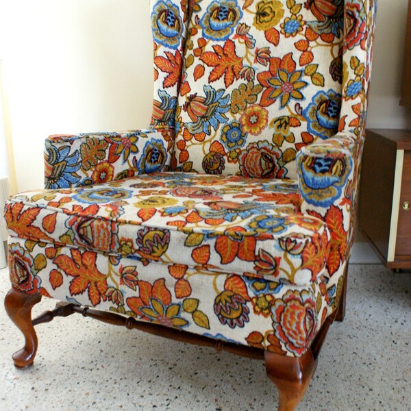 Reserved for kentuckgal Vintage Anthropologie style Wing Back Chair with Wooden Frame