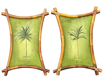 Vintage Old Florida Original Tropical Palm Tree Painting with Bamboo Frames Tiki